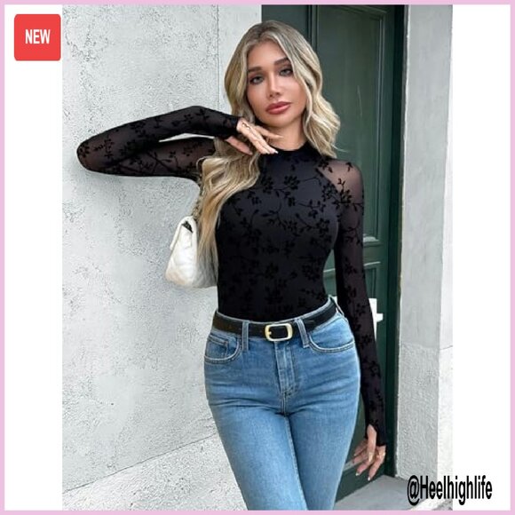 Long Sleeve Mesh Blouse Mock Neck Double Lined Fitted Top - Picture 4 of 7